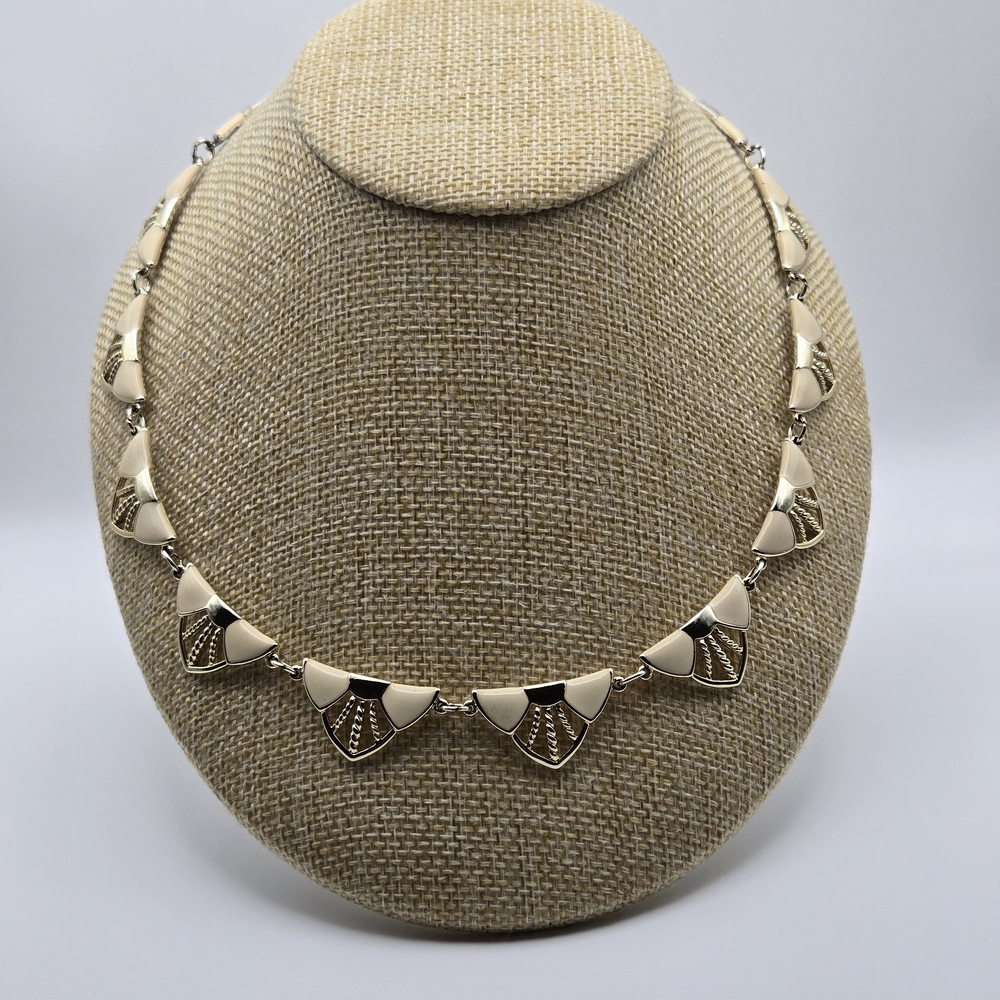 Vintage 1960s Fan Style Enamel & Gold Tone Necklace + Earrings Set